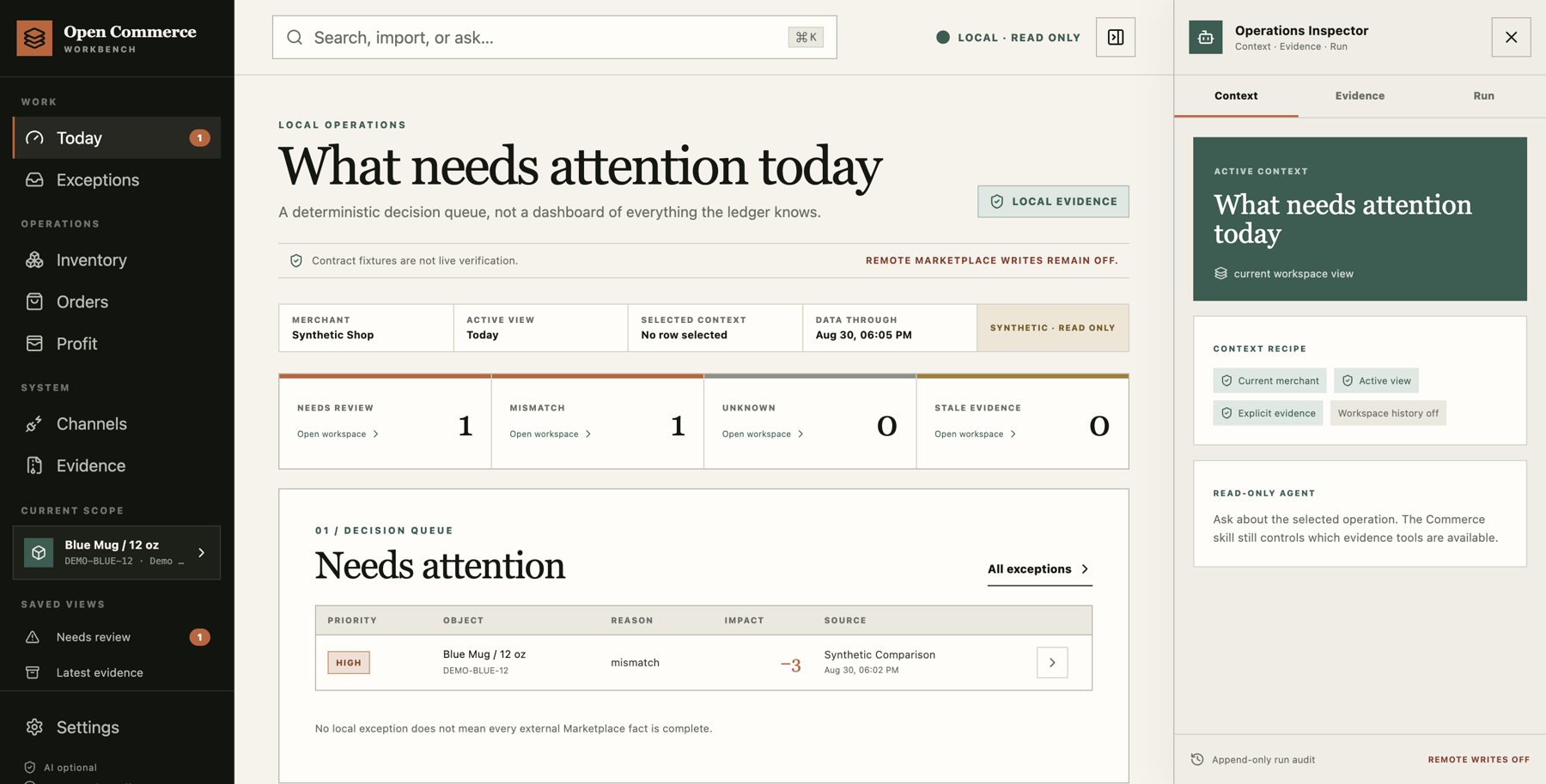 Open Commerce Workbench Today view showing a local decision queue, operating evidence and the Operations Inspector.