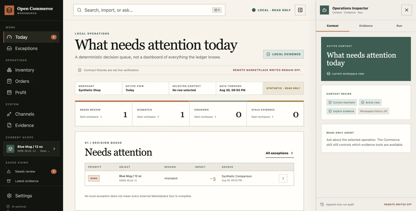 Open Commerce Workbench Today view showing a local decision queue, operating evidence and the Operations Inspector.