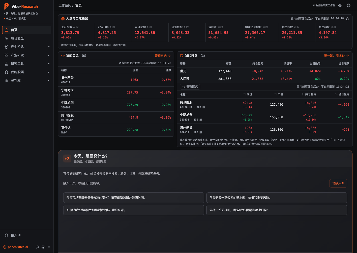 Vibe Research dark home: indices, watchlist, holdings and the chat area